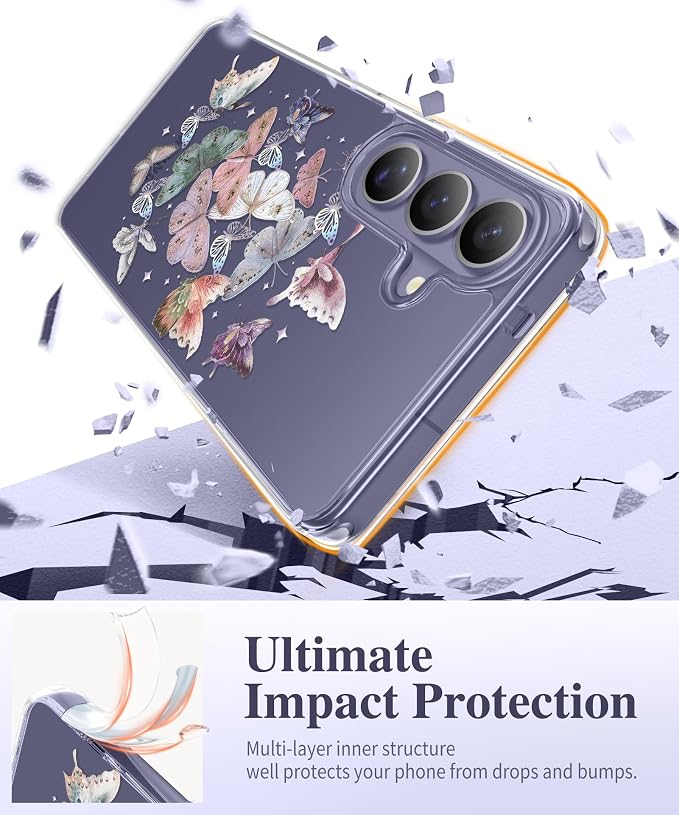 GVIEWIN for Samsung Galaxy S26 Plus Case, Clear Floral Slim Shockproof Protective Women Phone Case, Non-Yellowing, with Screen Protector&Camera Lens Protector for S26 Plus 6.7", Flutters/Purple