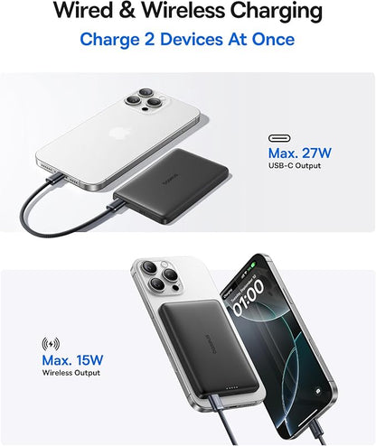 Baseus Picogo Magsafe Portable Charger, Qi2 15W 0.5" Ultra Slim 10000mAh Wireless Power Bank, 27W Fast Charging Magnetic Battery Pack with USB-C for iPhone 17 Pro Max/17 Pro/Air/16/15/14/13/12