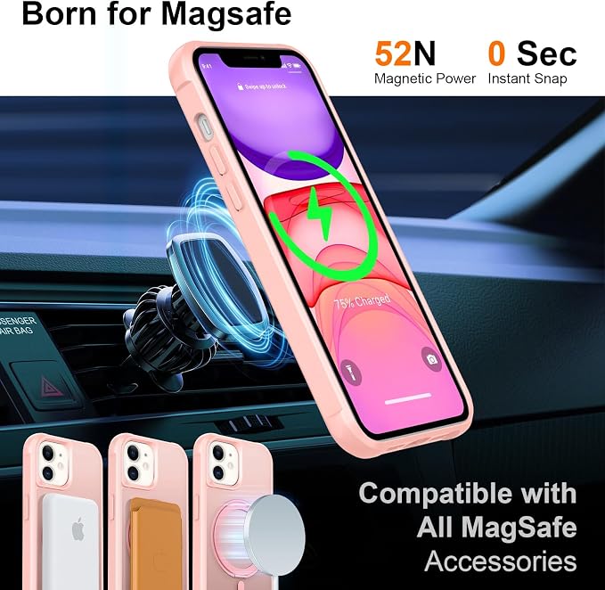 360° Magnetic Swivel Ring for iPhone 11 case, Built-in Metal Stand and Ring Holder, Magsafe Compatible, Military Grade Protection, Shock and Vibration Resistant- Pink