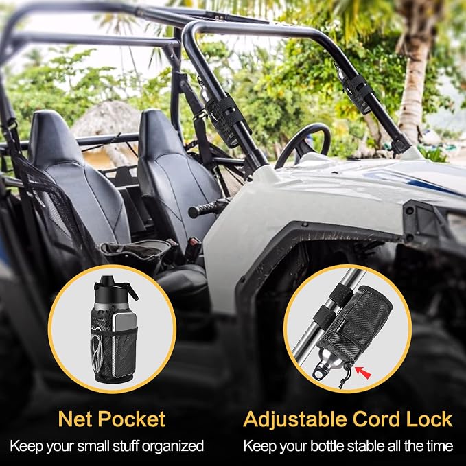 GEARV 2Pack Cup Holder for Bike, Scooter and Wheelchair, Water Bottle Holder for UTV/ATV, Walker, Golf Cart and Beach, Universal Drink Holder Accessories with Net Pocket and Cord Lock (Carbon Fiber)