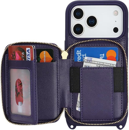 Crossbody Wallet Case for iPhone 17 Pro, PU Leather Zipper Handbag Purse Flip Cover, Kickstand Folio Case with Card Slots Holder Wrist Strap Lanyard 5G 6.3 Inch-Purple