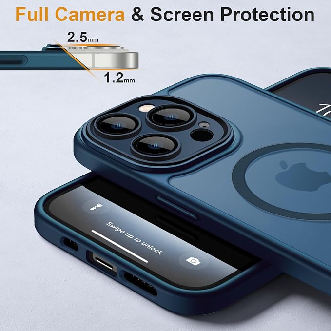 ROYBENS for iPhone 12 Pro-Max Matte Clear Case Compatible with Magsafe, Full Camera Lens Protection, Screen Protector, Wrist Strap, Translucent Magnetic Slim Hard Protective Phone Cover, Navy Blue
