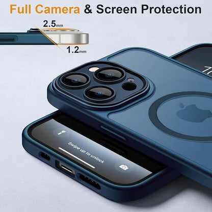 ROYBENS for iPhone 14 Pro Matte Clear Case Compatible with Magsafe, Full Camera Lens Protection, Screen Protector, Wrist Strap, Translucent Magnetic Slim Hard Protective Phone Cover, Navy Blue