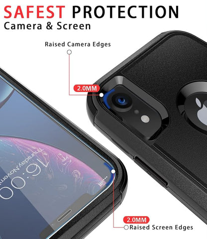 Diverbox Designed for iPhone Xr case with Screen Protector Heavy Duty Shockproof Shock-Resistant Cases for Apple iPhone Xr Phone (Black+Screen Protector)