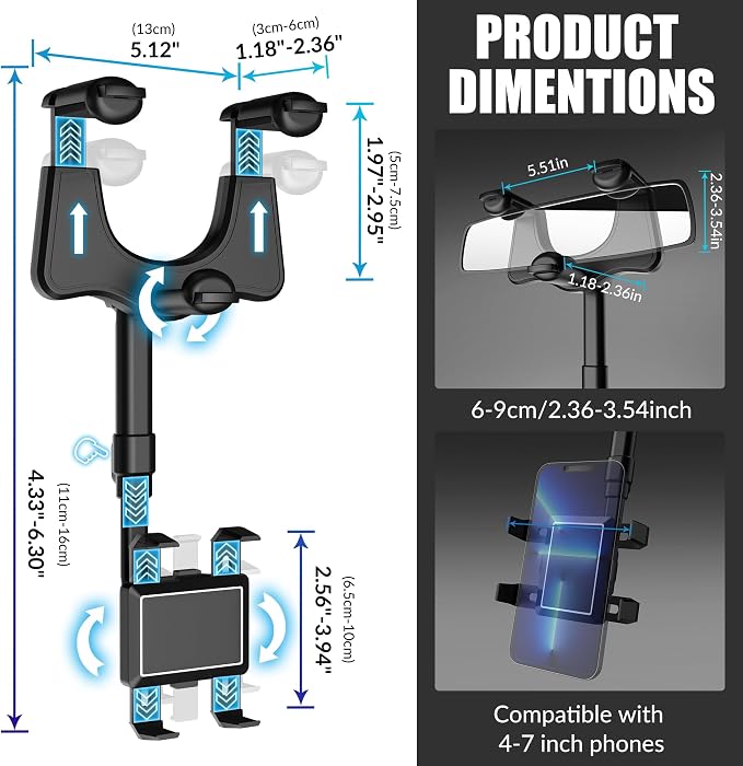 SXhyf Rear View Mirror Phone Holder, 2023 Rotatable and Retractable, Universal Mount, Cell Car Fit for iPhone 11 12 13 14 Pro Max Samsung All Phone