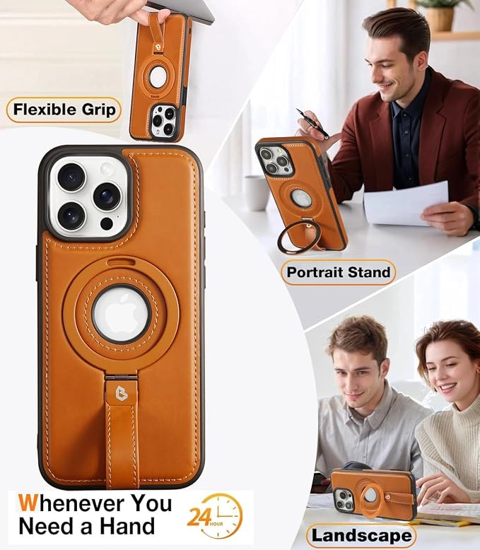 for iPhone 15 Plus/iPhone 14 Plus Leather Case with Stand, Anti-Slip Grip Ring, Fits for MagSafe (Brown, iPhone 15/14 Plus)
