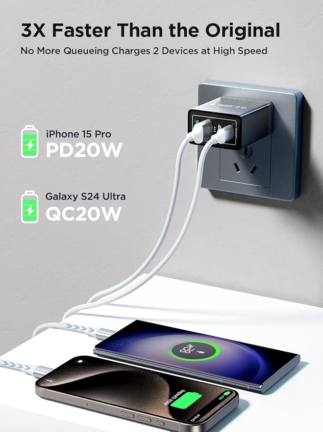 USB C Charger Block, 40W 4-Port Fast Charger 20W Type C Charging Block 3.1A USB Wall Charger Dual Port PD+QC Charging Cube for iPhone 16 15 14 13 12 Pro Max XS, iPad, Samsung Phone (Black 3Pack)