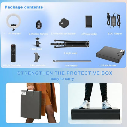 Ring Light 18" with Stand, 55w 6700K LED Light,63" Tripod,Multi-Angle Adjustable Phone Stand, for iPhone and Android Phones, CRI95, Suitable for YouTube, TikTok, Selfies (White, 18")