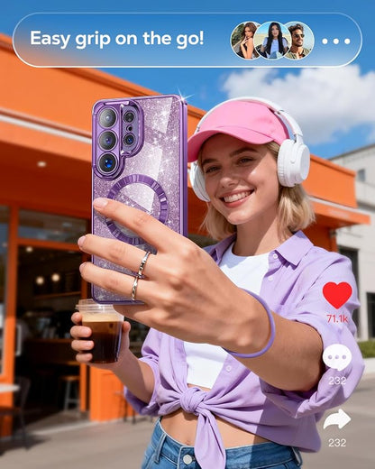 Meifigno Magnetic Case for Samsung Galaxy S26 Ultra 6.9" + Removable Phone Grip Kit, [Phone Ring Holder with Built-in Mirror] [Compatible with MagSafe] [Glitter Card & Wrist Strap], Cobalt Violet