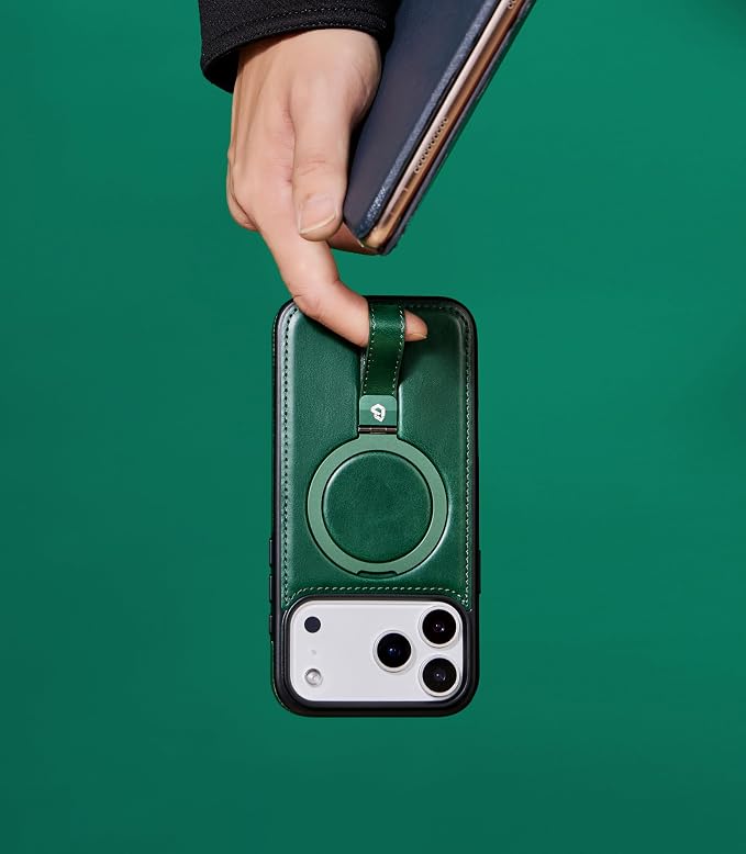 for iPhone 17 Pro Leather Case with Stand, Anti-Slip Grip Ring, Fits for MagSafe (Green, iPhone 17 Pro)