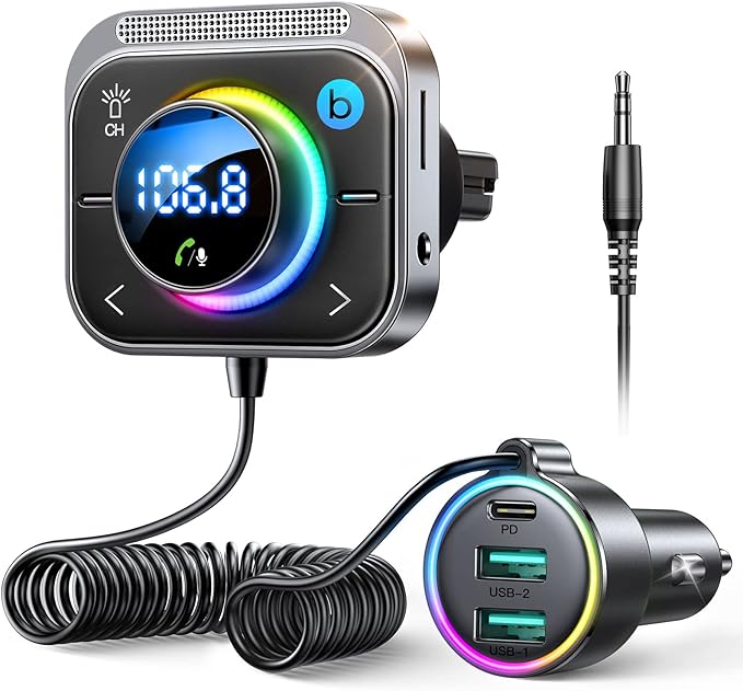 JOYROOM 96W FM Transmitter Bluetooth 6.0 Car Adapter Aux with 3 Charging Ports【PD 60W & 2 * 18W】【Air Vent Installation for Safe】 Deep HiFi Bass Player Wireless Radio Fun Car Accessories Gift Set