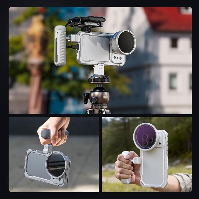 NEEWER Phone Cage Kit Compatible with iPhone 17 Pro Only, Video Rig Stabilizer Accessories with 67mm Filter Ring, 17mm & T Mount Lens Backplates, Quick Release Bluetooth Handle, PA143 (Silver)