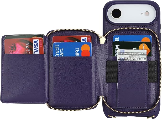 Crossbody Wallet Case for iPhone Air, PU Leather Zipper Handbag Purse Flip Cover, Kickstand Folio Case with Card Slots Holder Wrist Strap Lanyard 5G 6.5 Inch-Purple