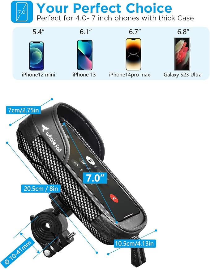 whale fall 360° Rotatable Bike Phone Holder, Waterproof Handlebar Bag with Touchscreen & Storage, Durable Bike Phone Mount for Navigation, Essential Bicycle Accessories for Phones Under 7"