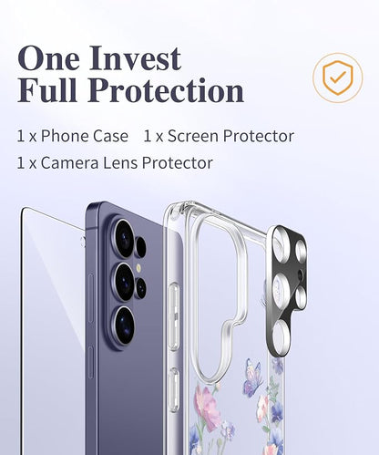 GVIEWIN for Samsung Galaxy S26 Ultra Case, Clear Floral Slim Shockproof Protective Women Phone Case, Non-Yellowing, with Screen Protector & Camera Lens Protector for S26 Ultra 6.9", Bloomwing/Blue