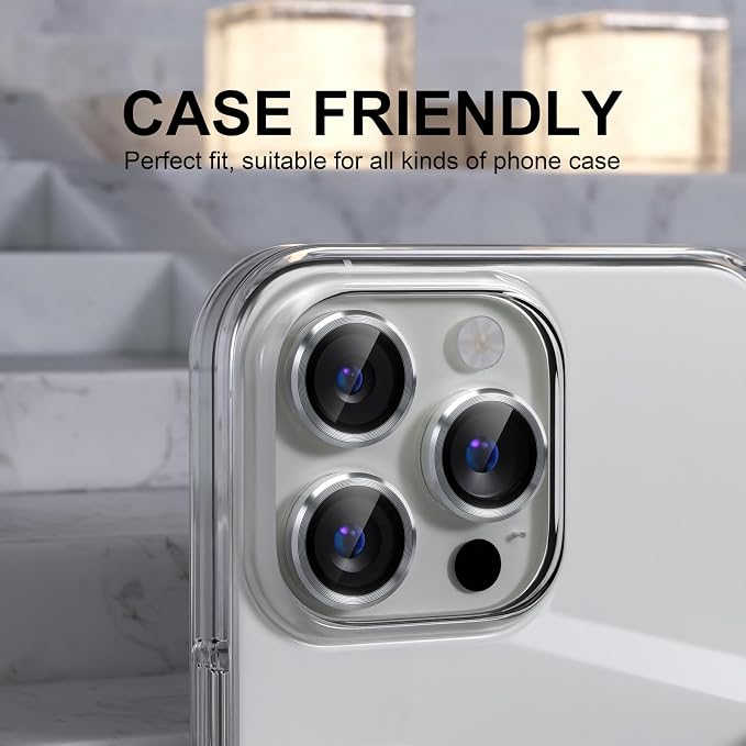Choiche Compatible for iPhone 16 Pro/iPhone 16 Pro Max Camera Lens Protector, 9H Tempered Glass Camera Cover Screen Protector Metal Ring Decoration Accessories (Silver)