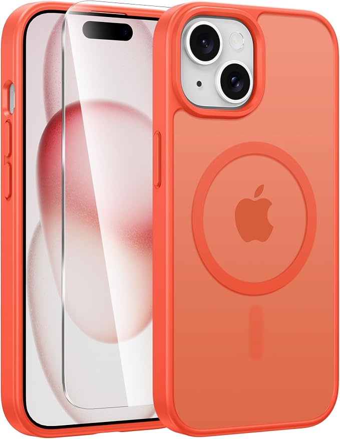 FNTCASE for iPhone 15 Case: for iPhone 14 Case & iPhone 13 Case [Compatible with Magsafe] Translucent Matte Cases with [Screen Protector] Military Grade Shockproof Protective Phone Cover - Orange
