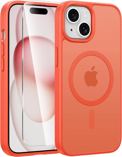 FNTCASE for iPhone 15 Case: for iPhone 14 Case & iPhone 13 Case [Compatible with Magsafe] Translucent Matte Cases with [Screen Protector] Military Grade Shockproof Protective Phone Cover - Orange