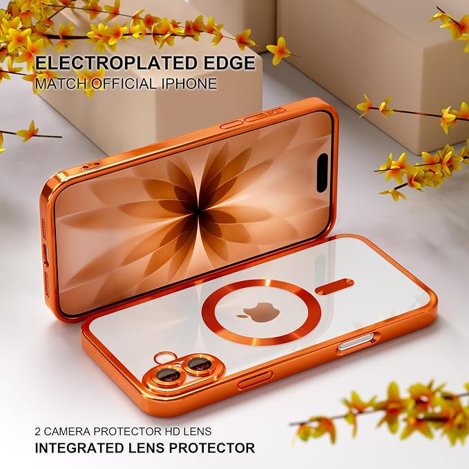 Misea Magnetic for iPhone 17 Case Compatible with MagSafe [Never Yellowing] [Military Grade Drop Protection] Full Camera Lens Protector Plating Soft Clear Phone Case for Women, Cosmic Orange