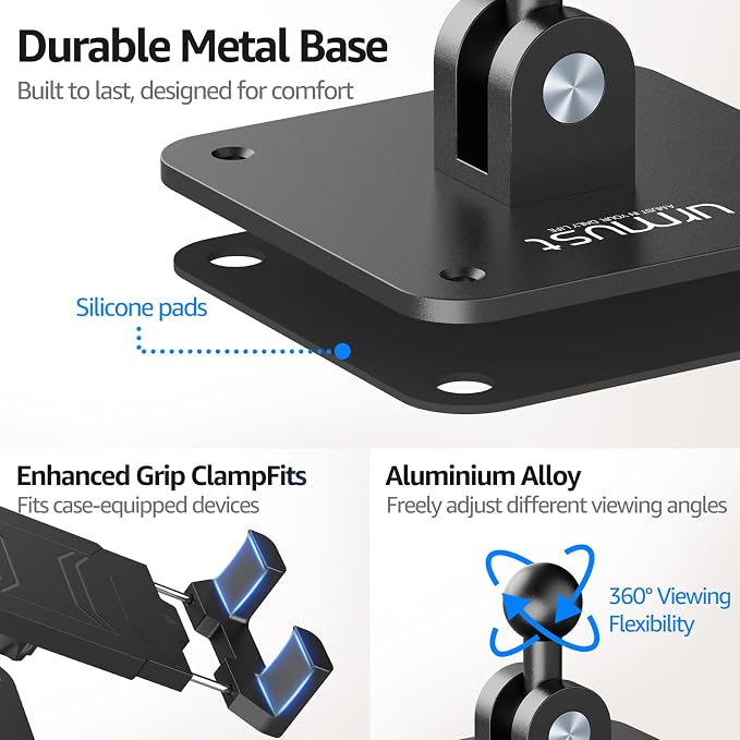 Urmust Universal Tablet Wall Mount Holder, 360 Adjustable, for 4.7-15.6" Devices, iPad, iPhone, Galaxy Tab, Surface Pro, Sturdy Aluminum Wall Phone Holder, for Home, Office & Public Spaces