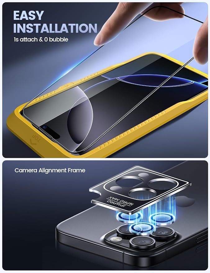 Lamicall 2+2 for iPhone 16 Pro Max Screen Protector (6.9") with Camera Lens Protector, [Top 9H Tempered Glass Film], Easy Alignment, Anti-Scratch, 0 Bubbles, HD Clear for iPhone 16 Pro Max - [2-Pack]