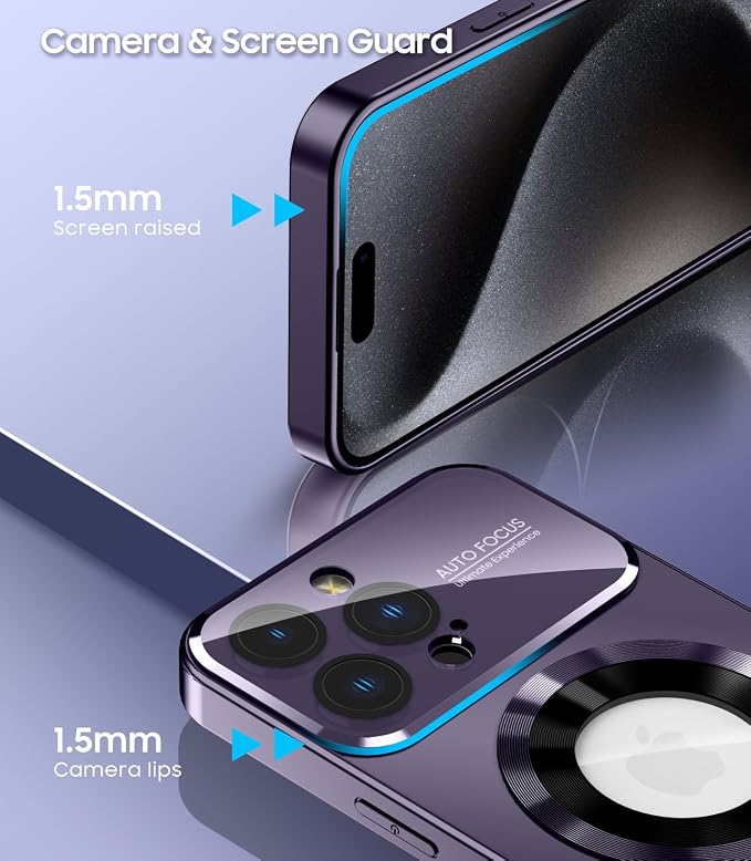 Magnetic for iPhone 15 Pro Max Case, Compatible with MagSafe, Built-in Camera Lens Protector, Logo View, Military Grade Drop Proof Phone Cover, Purple
