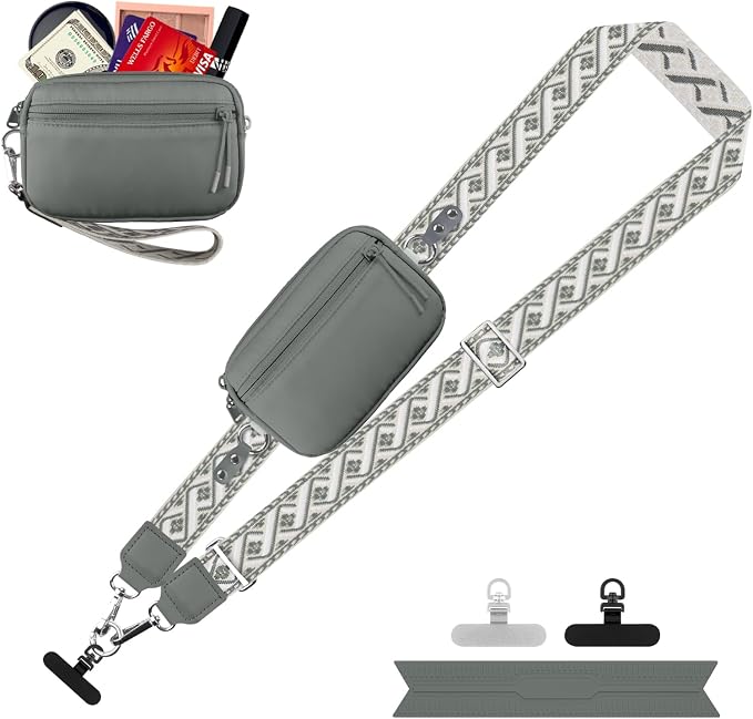 YFWE Clip and Go Strap for Phone with Wallet Crossbody, Adjustable Phone Lanyard with Detachable RFID Wristlet Wallet, Pattern Strap, Grey(M)
