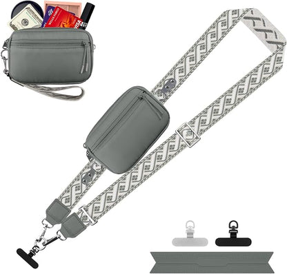 YFWE Clip and Go Strap for Phone with Wallet Crossbody, Adjustable Phone Lanyard with Detachable RFID Wristlet Wallet, Pattern Strap, Grey(M)