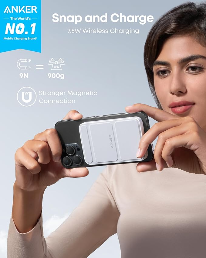 Anker 622 Magnetic Battery (MagGo), 5,000mAh Foldable Magnetic Wireless Portable Charger with Stand and USB-C Port (On The Side), Magsafe-Compatible for iPhone 16/15/14/13 Series (Pack of 2)