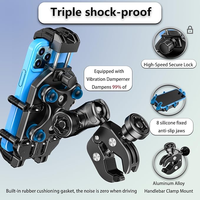 LOKTENWO Motorcycle Phone Mount with Vibration Dampener & High-Speed Secure Lock, Anti-Theft ATV Scooter Motorcycle Handlebar Phone Holder for 5.4” to 7.2” Smartphone