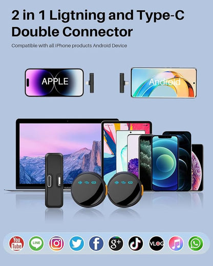 2Pack Wireless Lavalier Microphone for iPhone iPad Android with Charge Case, Mini Clip/Magnetic Microphones for Lightning/USB-C Video Recording, Vlogging, YouTube, Interviews, 100FT