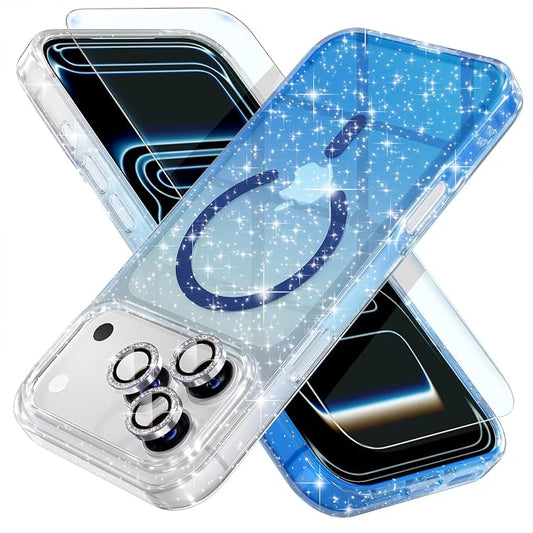 Choiche Magnetic for iPhone 17 Pro Max Case Compatible with MagSafe, Women Cute Glitter Sparkly Phone Case with Diamond Camera Lens Protectors, Military-Grade Drop Protection 6.9" (Clear/Blue)
