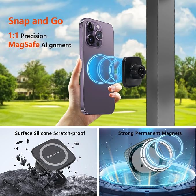 EagleFlight Magnetic Golf Cart Phone Holder - 360° Rotation Mount for iPhone 16/15/14/13/12, Fits Yamaha/Club Car/EZGO, Powerful Magnet Golf Cart Cell Phone Mount, Ideal Golf Gifts for Men