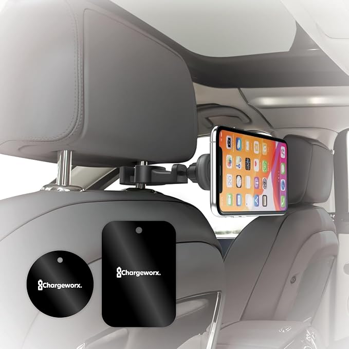 CHARGEWORX Magnetic Back-Seat Phone Mount – Universal Car Headrest Smartphone Holder with Strong Magnetic Grip, 360° Rotating Seat Mount for iPhone & Android