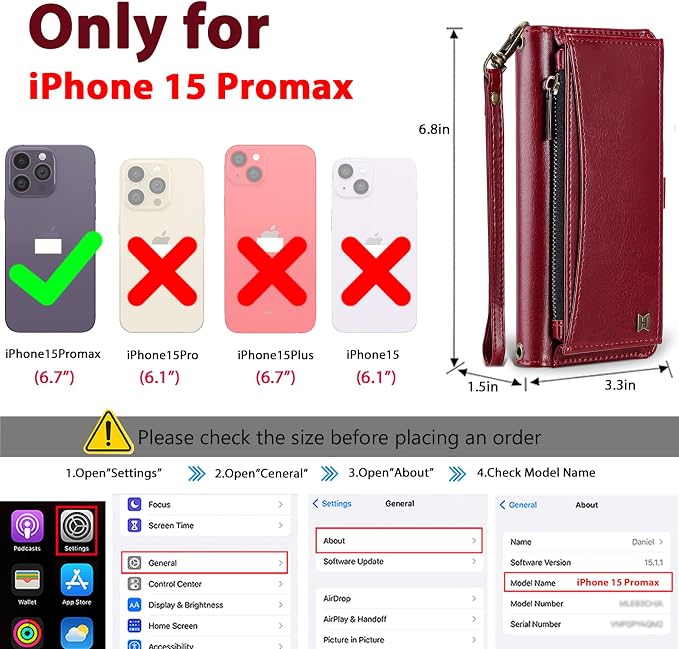 Wallet Case for iPhone 15 Pro Max with Card Holder/Crossbody Wallet/Strap| RFID Blocking | Magnetic | Kickstand | Detachable | PU Leather Phone Case for iPhone 15 Pro Max,6.7 in,Wine Red