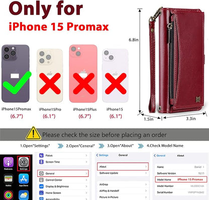Wallet Case for iPhone 15 Pro Max with Card Holder/Crossbody Wallet/Strap| RFID Blocking | Magnetic | Kickstand | Detachable | PU Leather Phone Case for iPhone 15 Pro Max,6.7 in,Wine Red