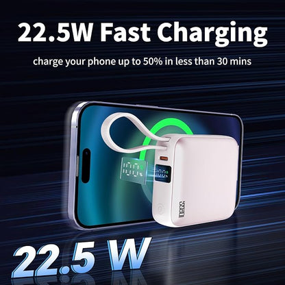 10000mAh Small Portable Charger with Built in Cables LED Display Pink | Mini Power Bank 22.5W USB-C Fast Charging Battery Pack, Travel Essential Power Bank for iPhone, iPad, Samsung, Android