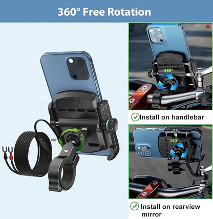 iMESTOU Motorcycle Phone Mount USB Charger Handlebar/Rear-View Mirror Cellphone Holder Aluminum with 17mm Ball Works with 12/24V Motorcycles Quick Charge for 4.0-6.8 Inch Smartphones (USB Type)