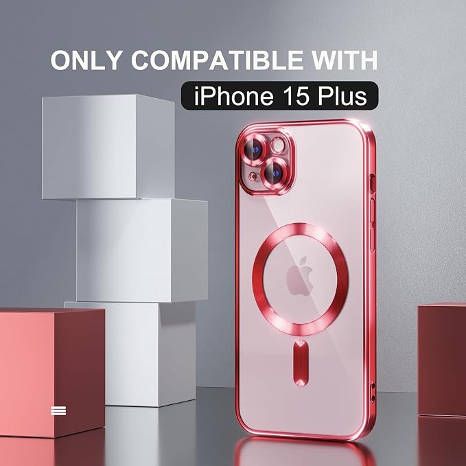 Misea Magnetic for iPhone 15 Plus Case Compatible with MagSafe [Never Yellowing] [Military Grade Drop Protection] Full Camera Lens Protector Plating Soft Clear Phone Case for Women, Red
