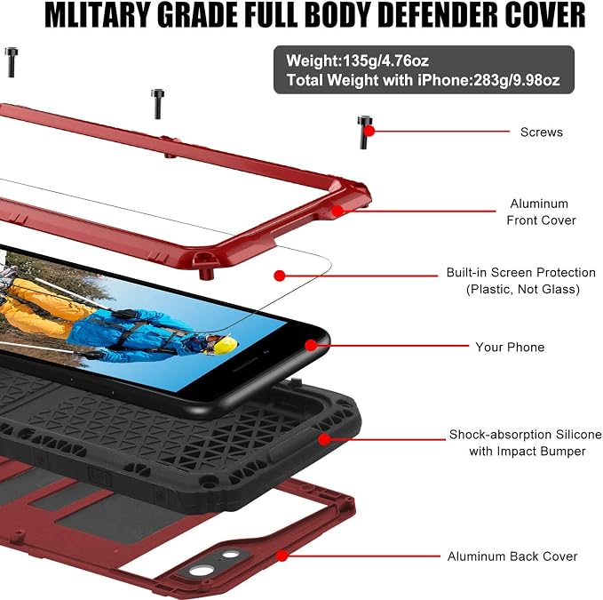 Mitywah Waterproof Case for iPhone SE 2020, Heavy Duty Military Grade Armor Metal Case, Full Body Protective Shockproof Dustproof Strong Rugged Thick Case for iPhone SE2, Red