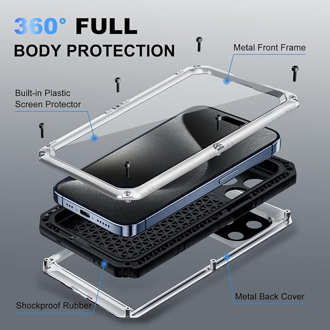 Beasyjoy iPhone 15 Pro Waterproof Case, Metal Heavy Duty Full Body Protective With Built-in Screen Protector, Military Grade Shockproof Dustproof Defender for 6.1", Silver