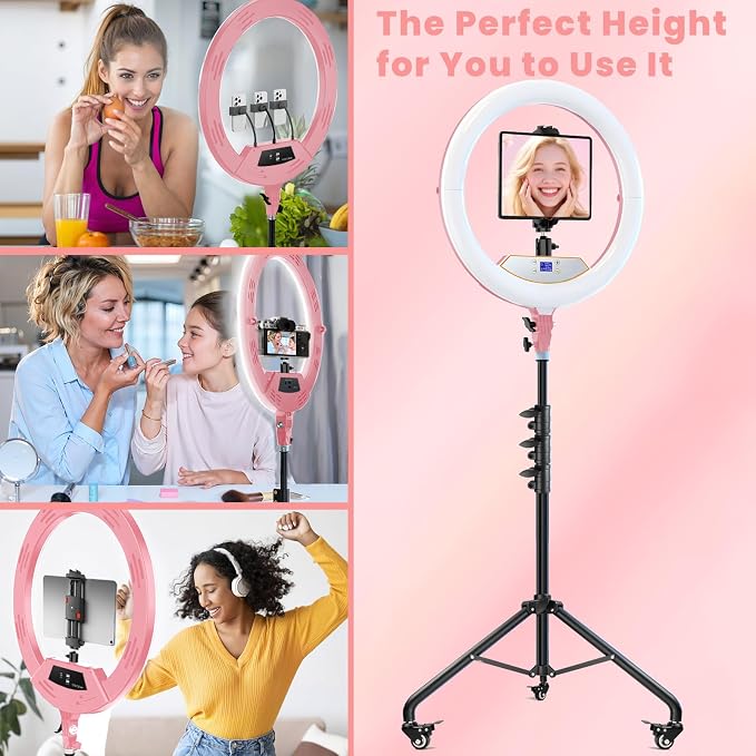 22" Foldable Ring Light with Stand for iPhone ipad, 75" Tripod with Wheels 50W 6500K LED Display/2 USB Ports Large Ringlight Rolling, Tattoo Barber Makeup Studio Video Photography Lighting(Pink)