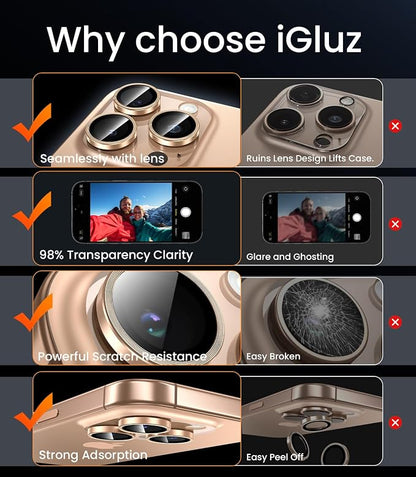 iGluz 2 Pack Anti-Reflection Camera Lens Protector for iPhone 16 Pro/iPhone 16 Pro Max [98% Transmittance][1-Step Installation Tray][Strong Adsorption] 9H Shatterproof Tempered Glass-Desert Titanium
