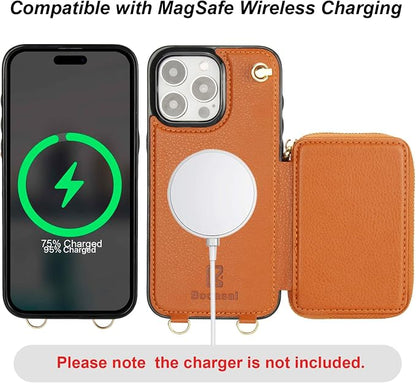 Bocasal for MagSafe Crossbody Wallet Case Compatible with iPhone 15 Pro Max, RFID Blocking Protective Purse Case with Card Slots Holder Kickstand Wrist Strap Lanyard Zipper 6.7 Inch 5G (Brown)