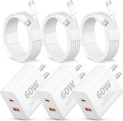 3 Pack 60W USB C Fast Charger for iPhone 17/17 Pro Max/Air/17e/16/16 Pro/15/15 Pro Max/Plus, iPad Pro 13/12.9/11 inch, Air 5/4, Mini 6/5, 60W Type C Wall Charger Fast Charging Block + 3FT USB C Cable