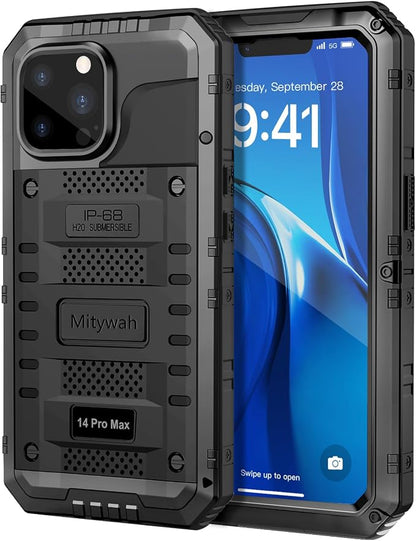 Mitywah Waterproof Case for iPhone 14 Pro Max, Heavy Duty Metal Case with Built-in Screen Protector, Military Grade Drop Protection Full Body Aluminum Protective Cover 6.7 inch, Black