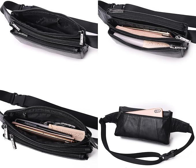 KPYWZER Vintage Leather Fanny Pack Waist Bag for Men Women Outdoor Travel Hunting Hiking Camping Hip Bum Belt Cell Phone Purse Wallet Pouch Retro Crossbody Sling Pouch Black