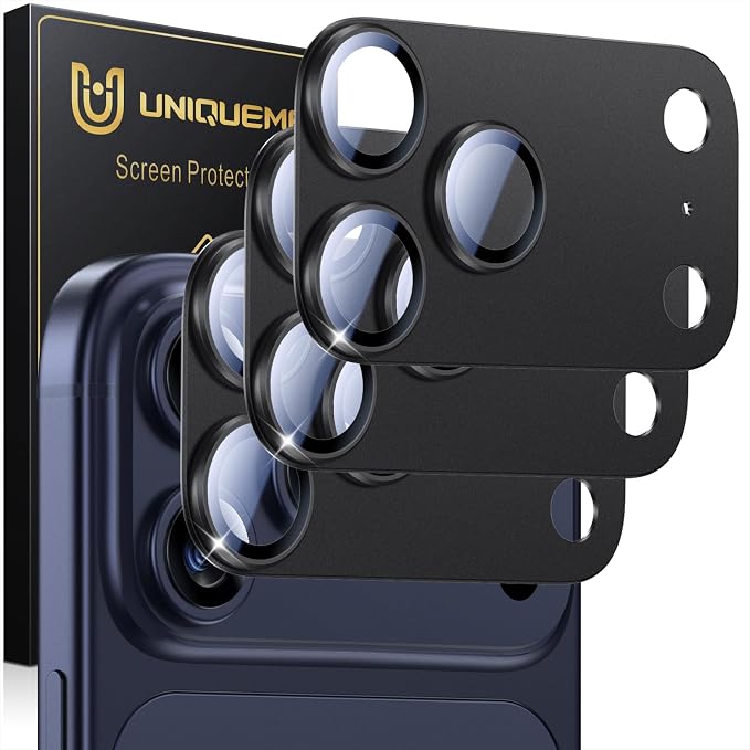 UniqueMe for 3 Pack iPhone 17 Pro Max Camera Lens Protector - [Drop Protection] [Case Friendly] 9H Tempered Glass Camera Cover Screen [Update New Version] - All Black