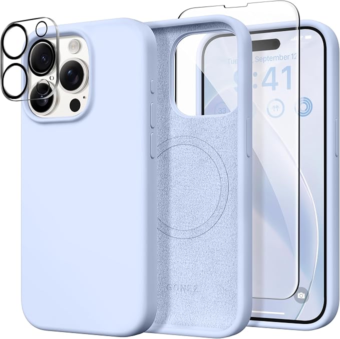 GONEZ Magnetic for iPhone 15 Pro Case, Compatible with MagSafe, [Screen Protector + Camera Lens Protector], Silicone Shockproof Anti-Scratch Protective Phone Case 6.1 inch, Baby Blue