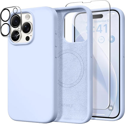 GONEZ Magnetic for iPhone 15 Pro Case, Compatible with MagSafe, [Screen Protector + Camera Lens Protector], Silicone Shockproof Anti-Scratch Protective Phone Case 6.1 inch, Baby Blue